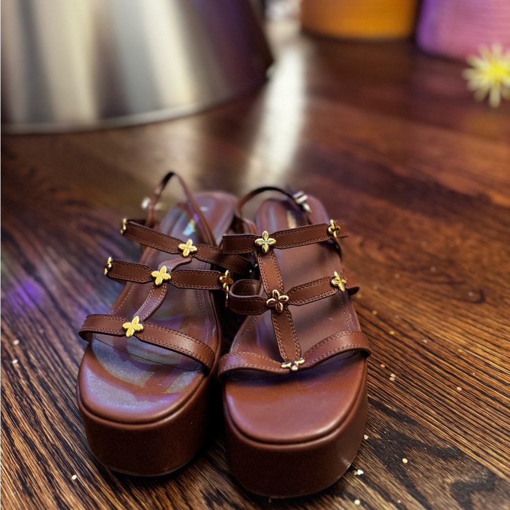 Brown Strappy Larroude Sandals with Gold Accents